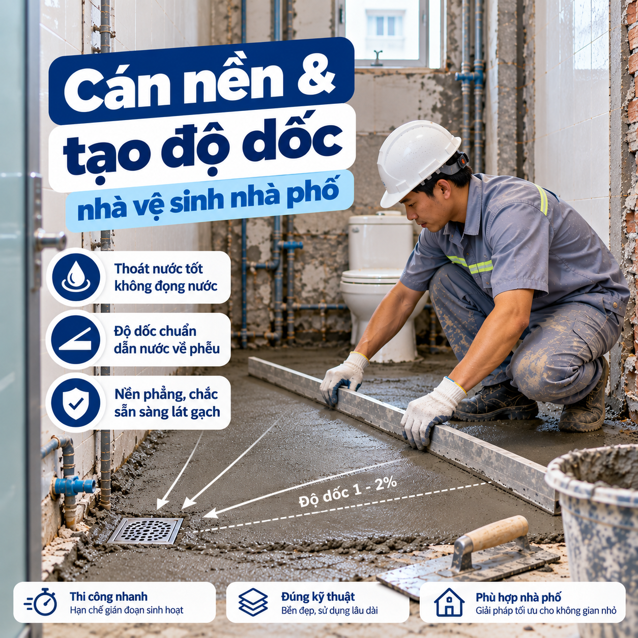 Cán nền & tạo độ dốc nhà vệ sinh nhà phố